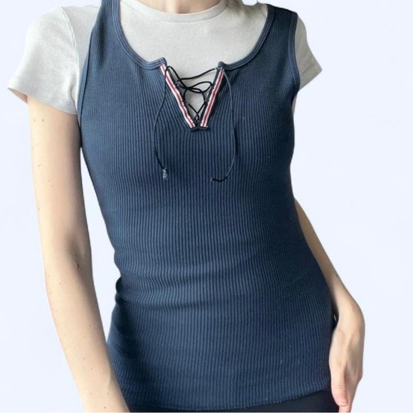 Vintage Y2K Navy Blue Ribbed Tommy Hilfiger Womens Lace Up Tank Top Small - Picture 2 of 8